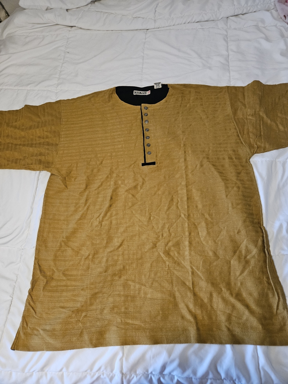 Men's Casual Mustard Button-Down Henley Shirt with Contrast Trim